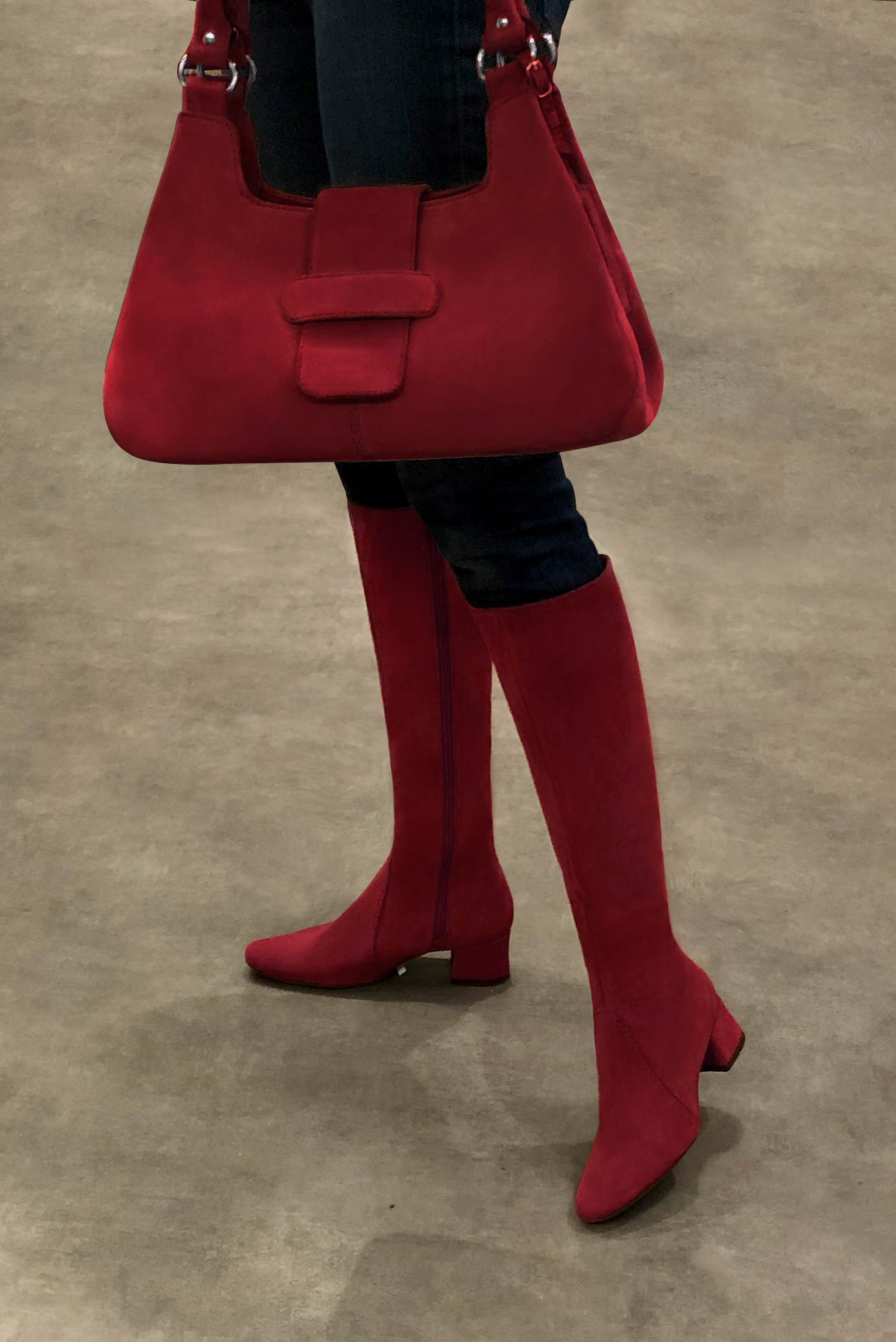 Burgundy red women's feminine knee-high boots. Round toe. Low flare heels. Made to measure. Worn view - Florence KOOIJMAN